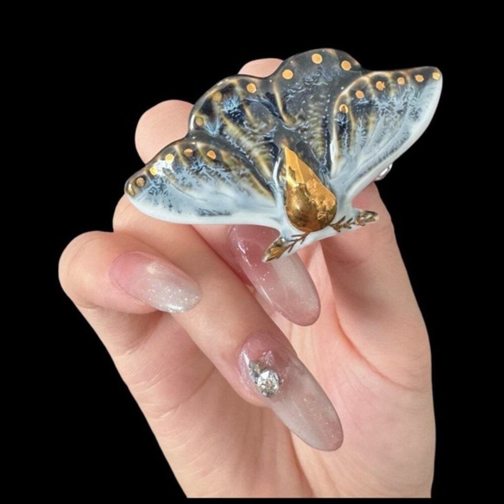 ✨Unique Ceramic Moth Motif Ring with Gold Accents Handmade